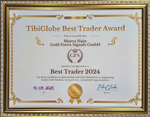TibiGlobe Best Trader Award 2024 presented to Marco Hain of Gold Forex Signals GmbH in a gold frame.