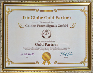 Gold partner certificate awarded to Golden Forex Signals GmbH by TibiGlobe, dated 24.09.2025.
