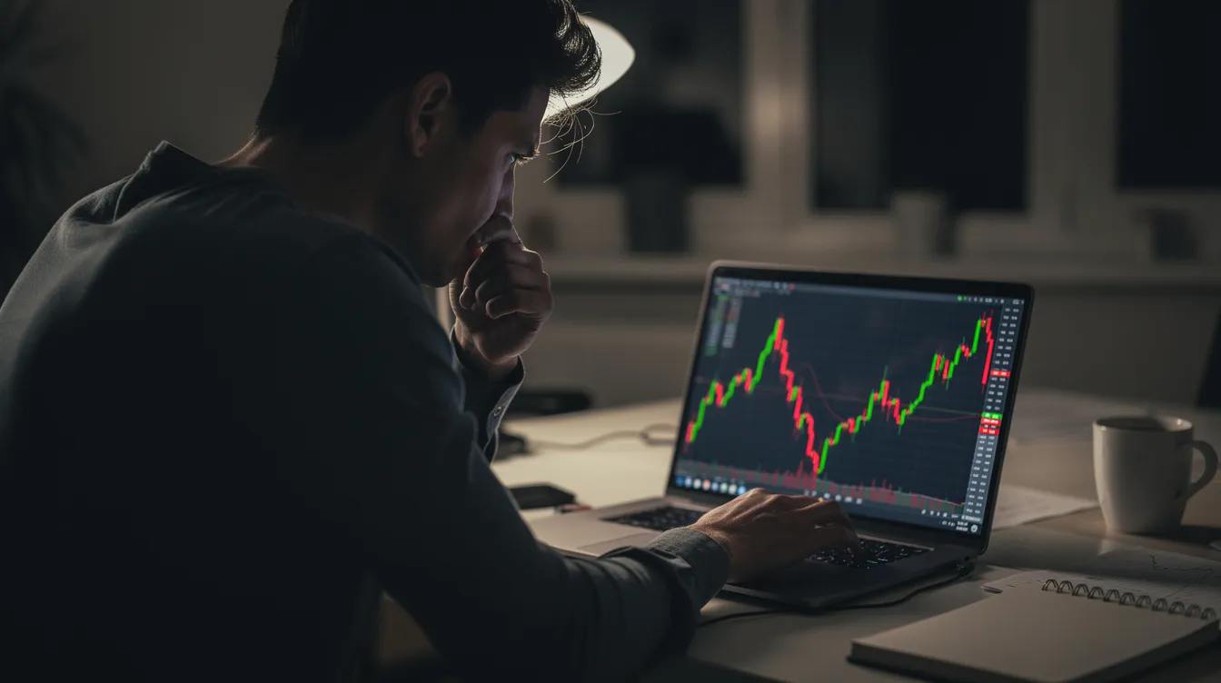 Eine nachdenkliche Person sitzt vor einem Laptop, auf dem ein Kurschart mit starken Schwankungen zu sehen ist, was auf die dynamischen Bewegungen im Trading hinweist. Diese Darstellung könnte für einen Anfänger im Daytrading von Bedeutung sein, da sie die Herausforderungen und Chancen beim Handel mit Finanzprodukten verdeutlicht.