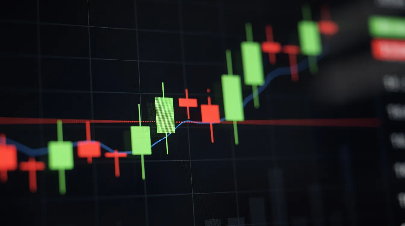Die Nahaufnahme eines Kerzencharts zeigt grüne und rote Kerzen, die den Kursverlauf eines Währungspaares darstellen, während der Hintergrund leicht unscharf ist. Diese Darstellung ist wichtig für Trader, um die Kursbewegungen und Trends im Forex Trading zu analysieren und strategische Entscheidungen zu treffen.