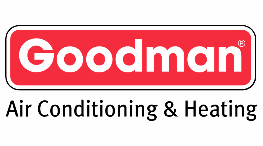 Goodman Air Conditioning & Heating logo with Goodman in white text on a red rounded rectangle above black text.