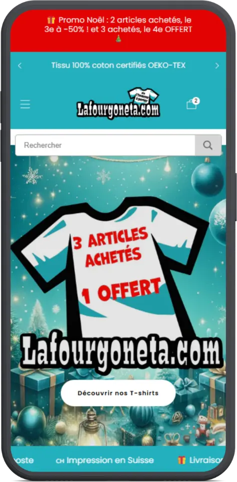 Boutique en ligne Lafourgoneta.com affichée sur smartphone — création e-commerce t-shirts humoristiques en Suisse par l'Agence 1872
