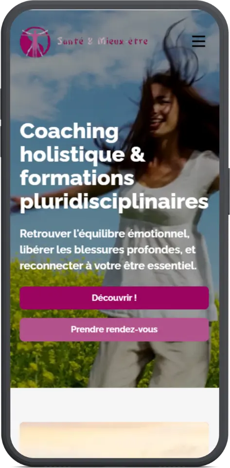 Version mobile du site Santé & Mieux-Être, coach holistique — site internet responsive créé par l'Agence 1872 en Valais