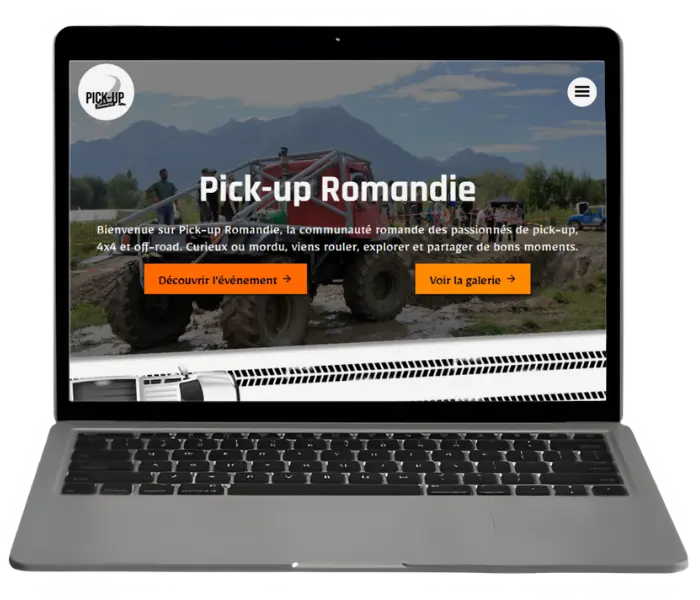 Site internet Pick-up Romandie affiché sur ordinateur — création web pour association 4x4 en Suisse romande par l'Agence 1872