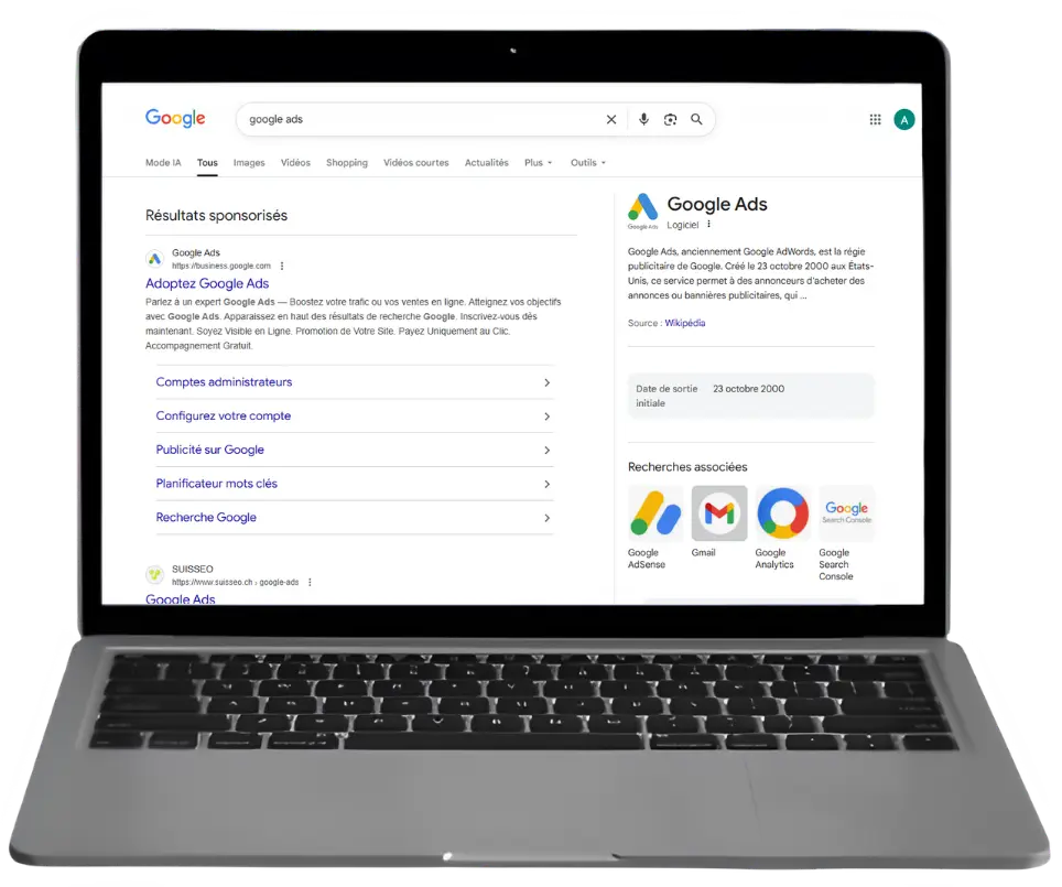 Interface Google avec annonces sponsorisées Google Ads — gestion de campagnes publicitaires pour entrepreneurs en Valais par l'Agence 1872