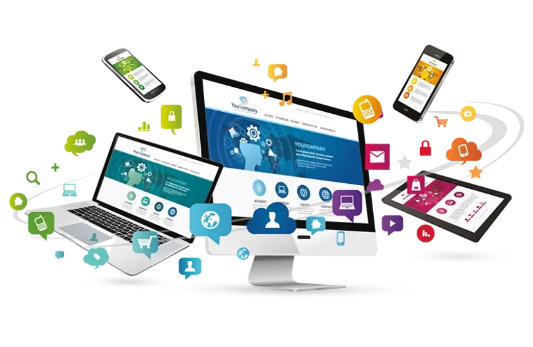 Illustration création de site internet sur multi-supports (ordinateur, tablette, smartphone) — service web de l'Agence 1872 en Valais