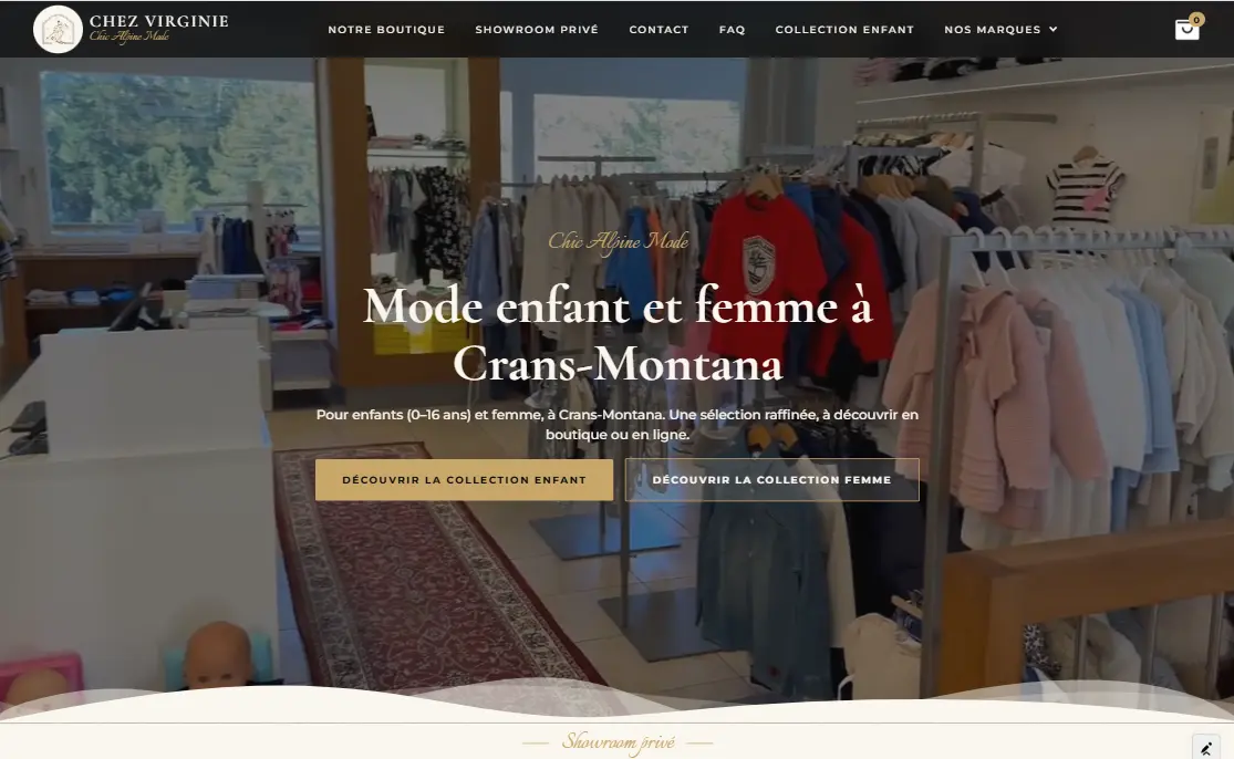 Capture d'écran du site e-commerce Chez Virginie, boutique de mode à Crans-Montana en Valais, créé par l'Agence 1872