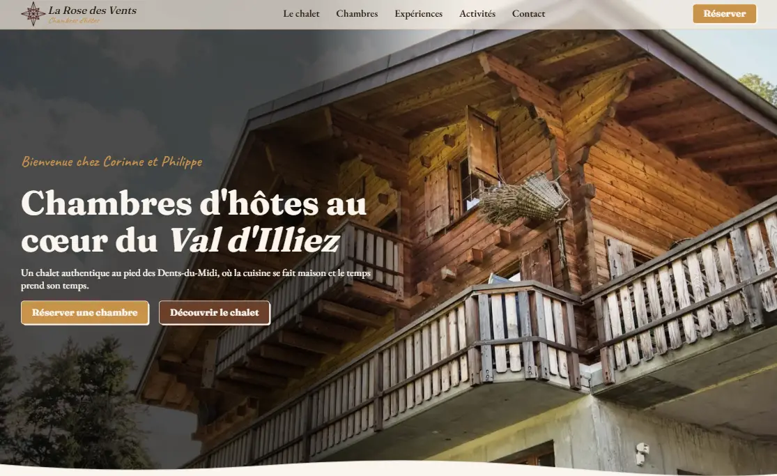 Capture d'écran du site La Rose des Vents, chambres d'hôtes à Val-d'Illiez en Valais, créé par l'Agence 1872