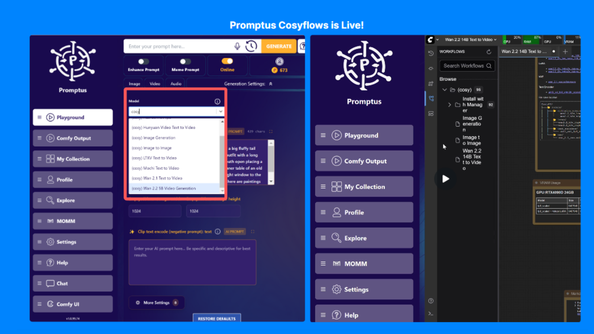 Promptus Workflow-based extensibility (CosyFlows) — equivalent power without node editing