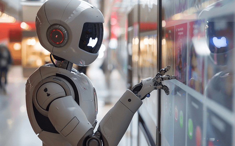 Humanoid robot interacting with a touchscreen display in a modern environment.