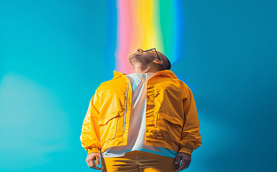 Man in a yellow jacket looking up at a rainbow beam in a blue sky.