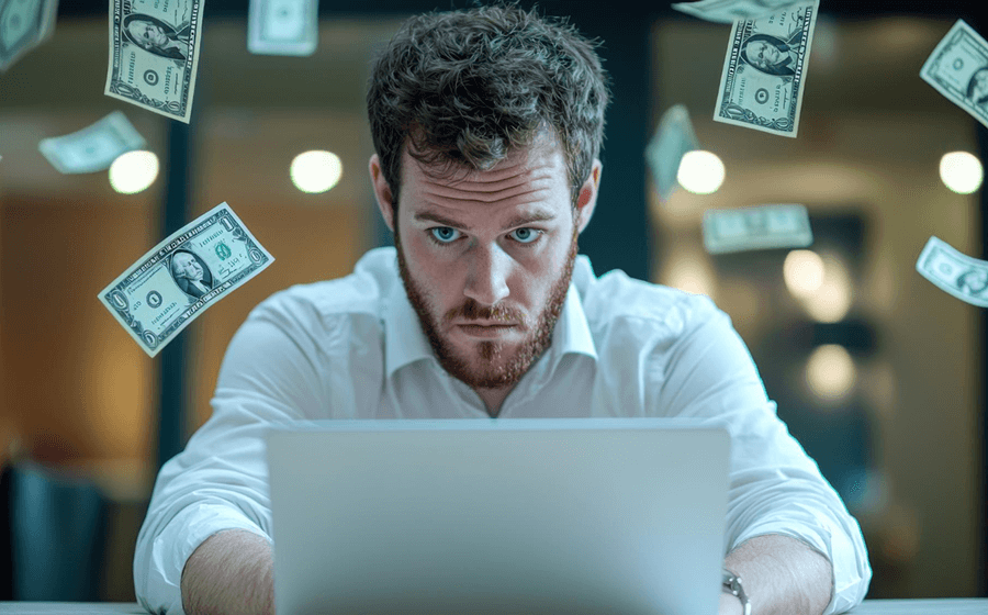 Man working on a laptop with dollar bills floating around him.
