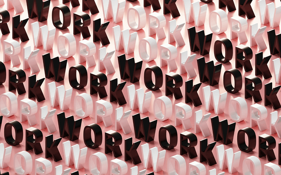 Repeated word “WORK” in bold 3D letters on a pink background.