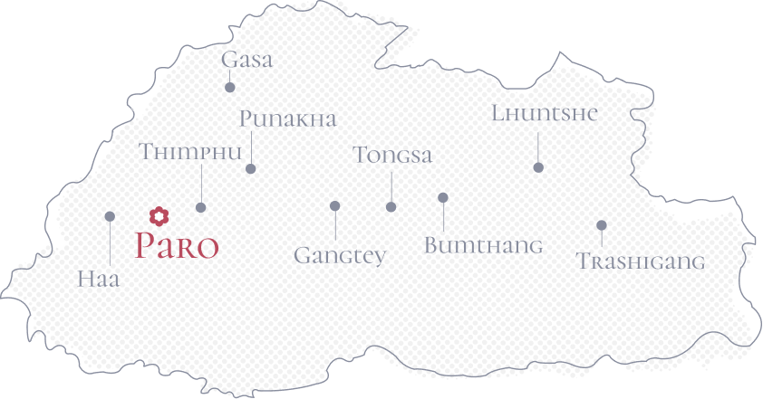 Map of Bhutan highlighting Paro in red, with major destinations labeled including Thimphu and Punakha.