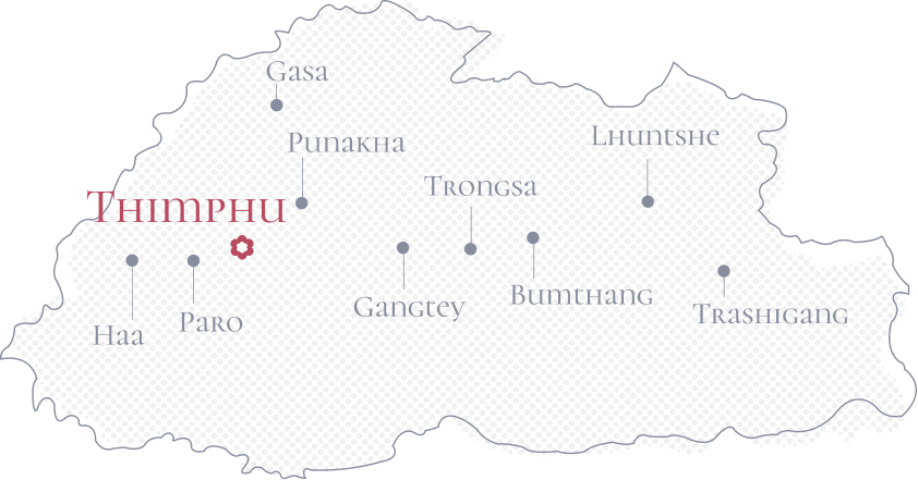 Map of Bhutan highlighting Thimphu in red, with labeled destinations including Paro, Punakha, and Bumthang.