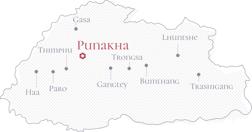 Map of Bhutan highlighting Punakha in red, with labeled destinations including Thimphu, Paro, and Bumthang.