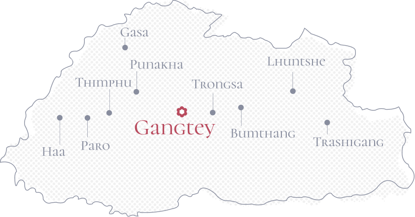 Bhutan map highlighting Gangtey Valley, a peaceful Himalayan region known for black-necked cranes and immersive cultural retreats.