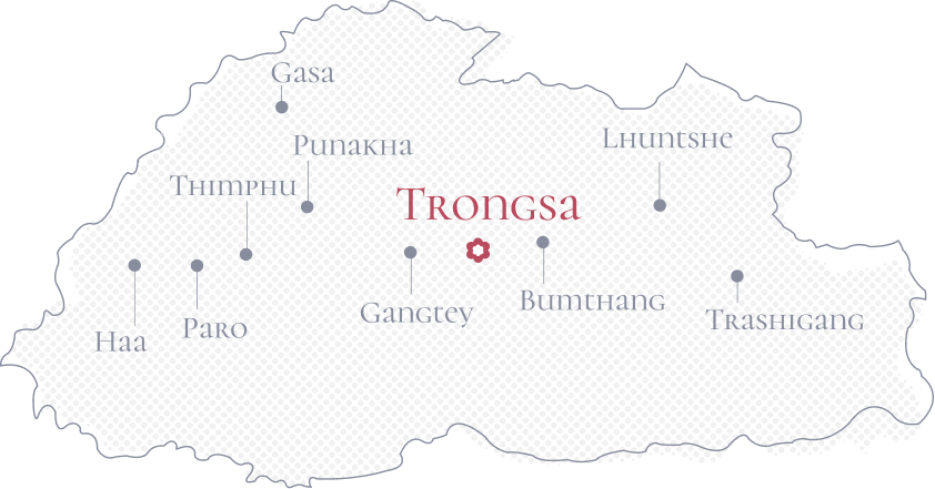 Map of Bhutan highlighting Trongsa district location in central Bhutan with nearby regions labeled.