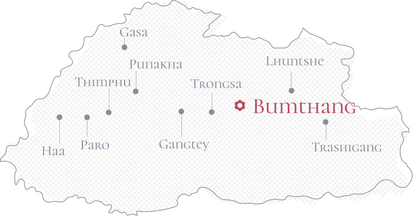 Map of Bhutan highlighting Bumthang district, a spiritual and cultural heartland known for valleys, monasteries, and heritage sites.