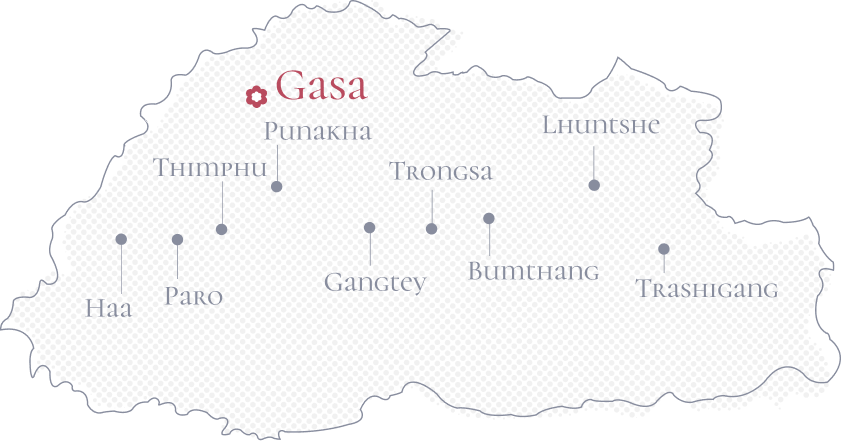 Bhutan map highlighting Gasa region with marked travel destinations.