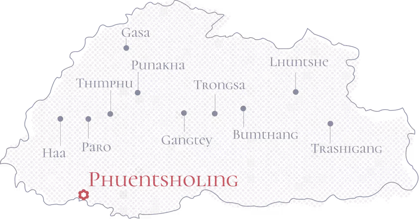 Map of Bhutan highlighting Phuentsholing in southern Bhutan.