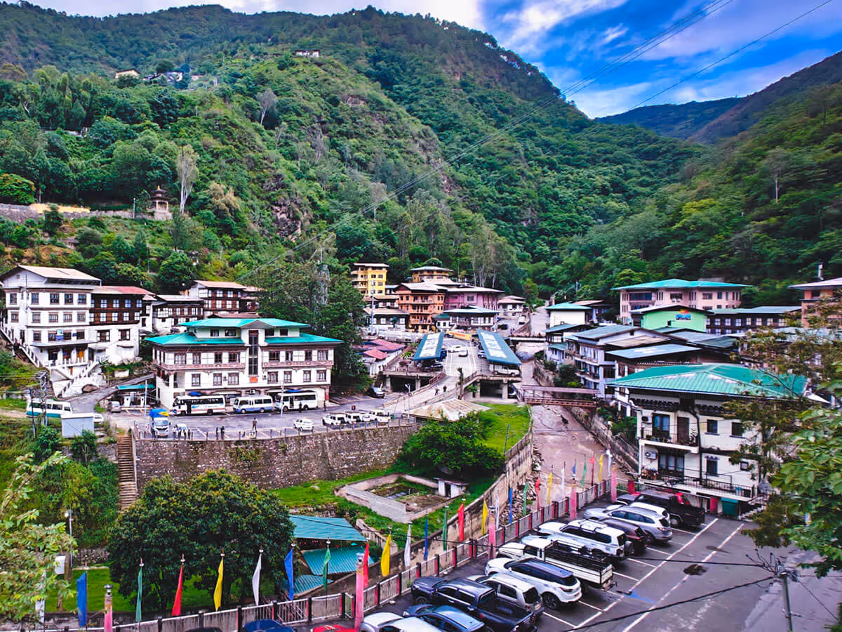 View of Trashigang town surrounded by lush eastern Bhutan hills.