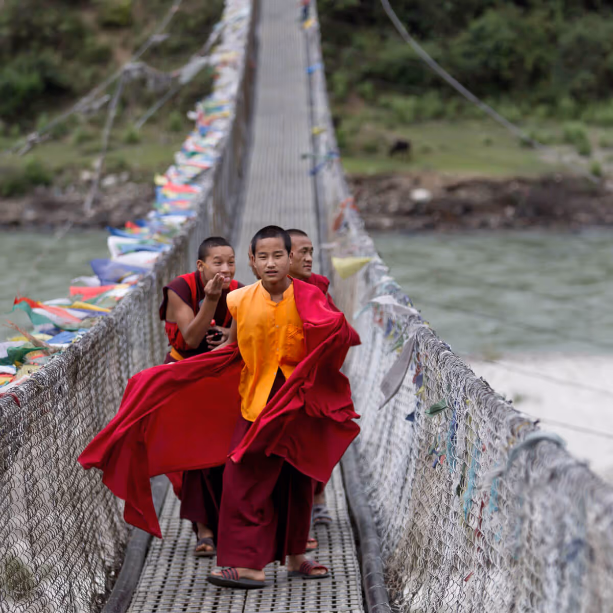 Young monks playfully walking on Punakha suspension bridge