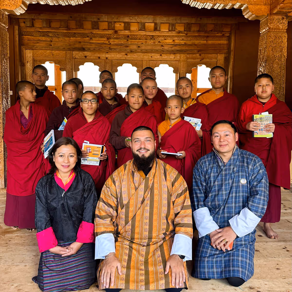 Group photo with monks at a monastic school in Bhutan