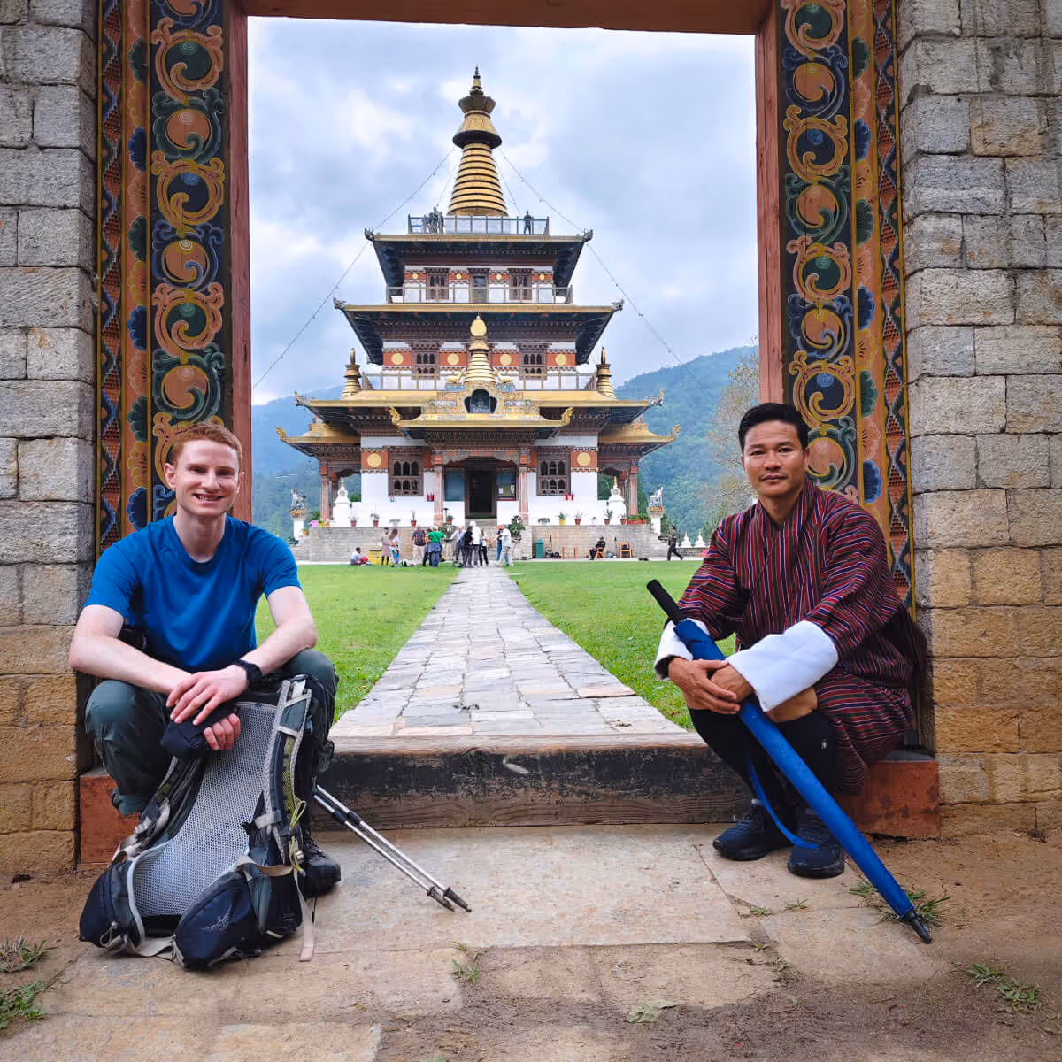 Guest and guide at Khamsum Yulley Namgyal Chorten, Punakha