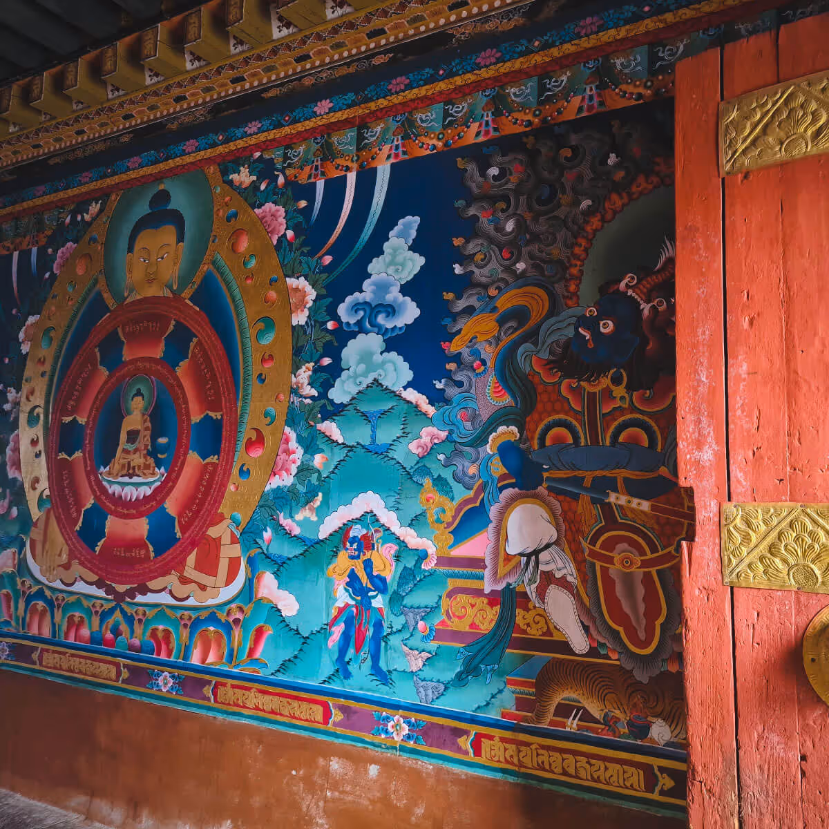 Colorful Buddhist mural inside Bhutanese monastery