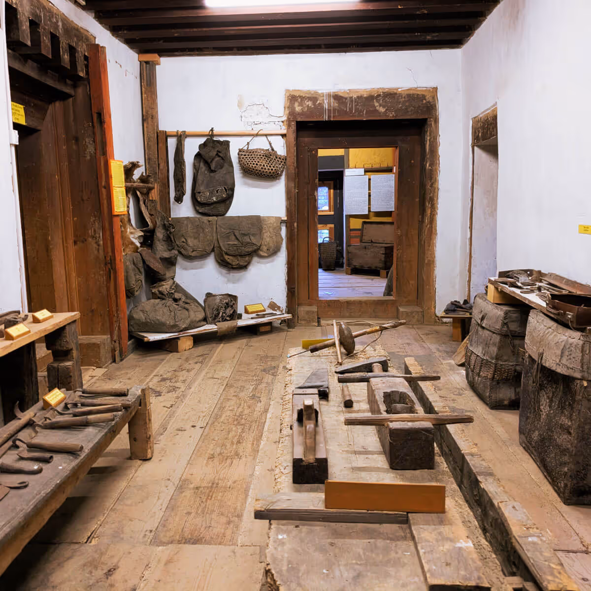 Traditional tools and artifacts displayed at Folk Heritage Museum in Thimphu, Bhutan.