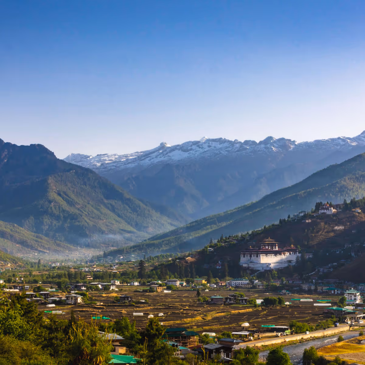 Scenic view of Paro valley with Rinpung Dzong and snowy peaks.