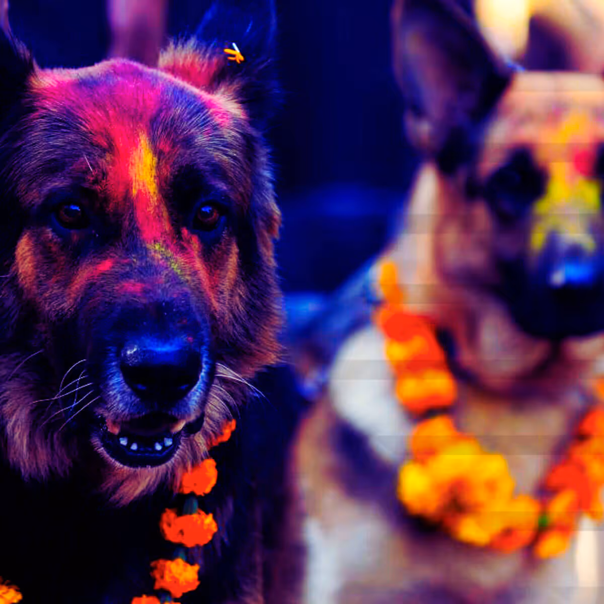 Dogs decorated with colorful powders and marigold garlands during Kukur Tihar in Nepal