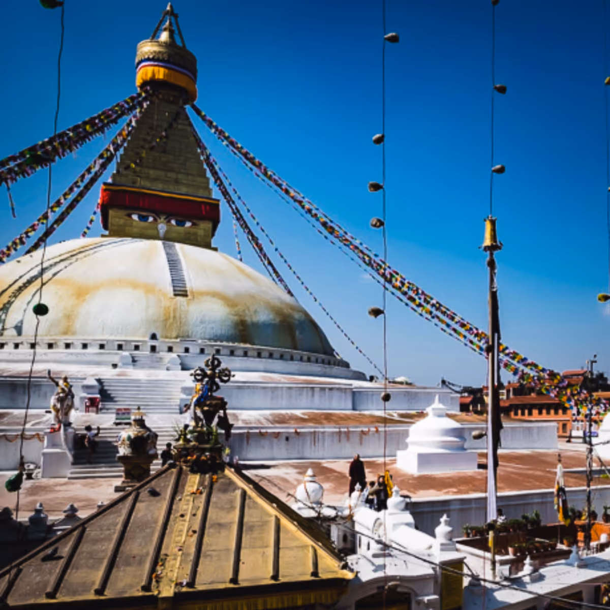 Boudhanath Stupa with prayer flags in Kathmandu, Nepal