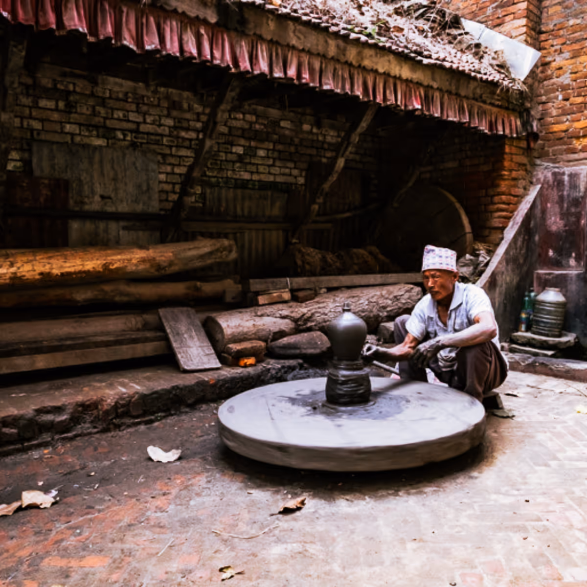 Potter working on a clay piece in Bhaktapur, Nepal
