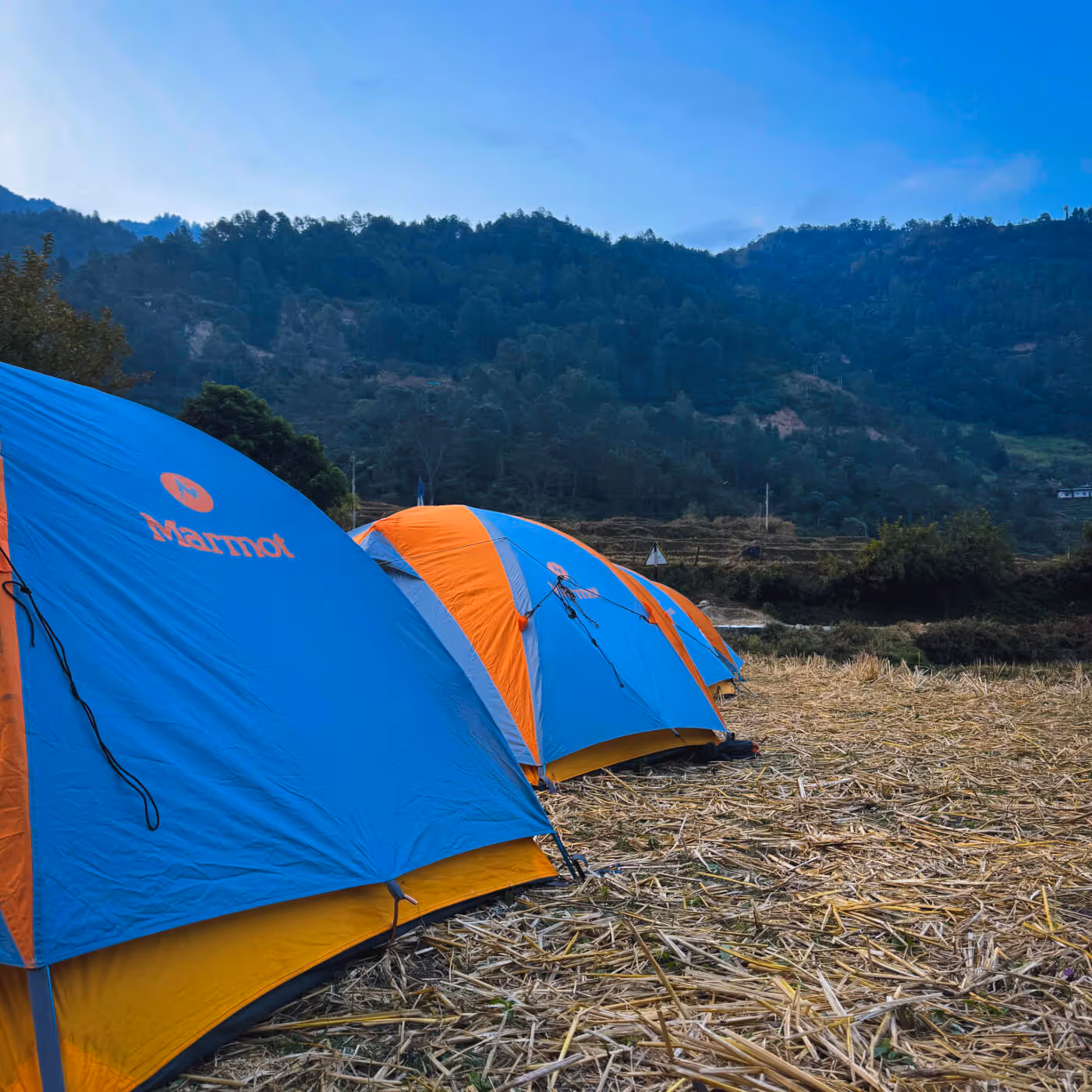 Blue and orange tents pitched on a farm field at the base of Bhutan’s forested hills