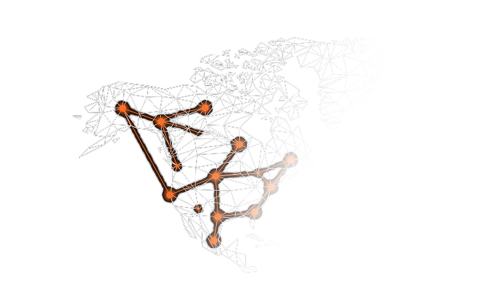 Polygonal wireframe map of North America with orange points connected by lines indicating network or connectivity.