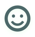 Simple dark gray smiley face icon with two eyes and a smiling mouth inside a circular outline on a light green background.