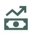 Dark green dollar bill icon below an upward trending arrow symbol, representing financial growth.