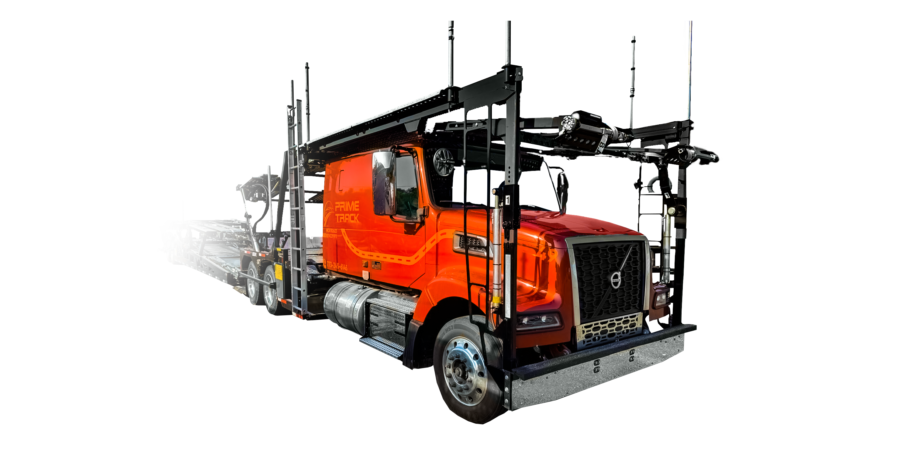 White and green auto carrier truck loaded with seven luxury cars on double-deck trailer.