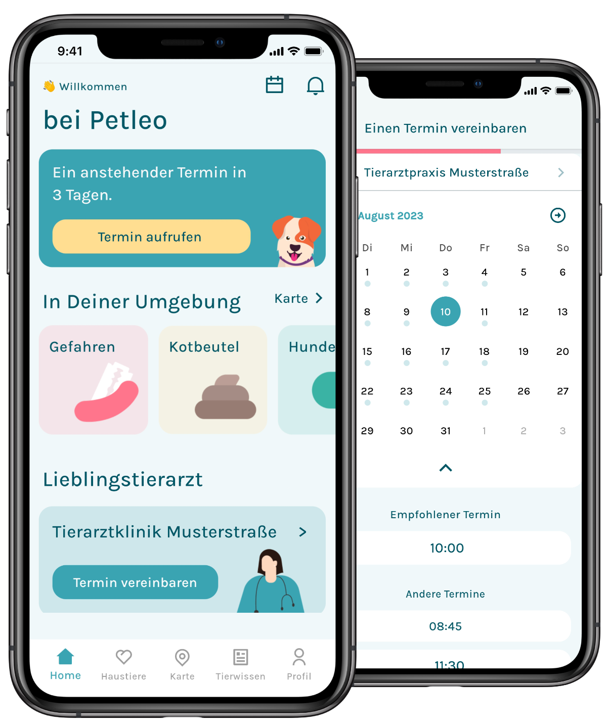 Petleo App. Links: Homescreen, Rechts: Kalender zur Terminbuchung