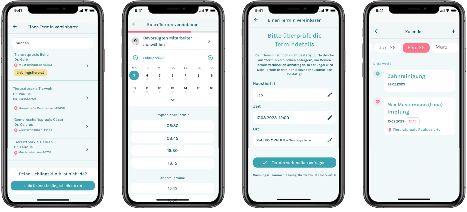 Online-Terminvereinbarung der Petleo App wird hier in 4 Screenshots der App dargstellt.