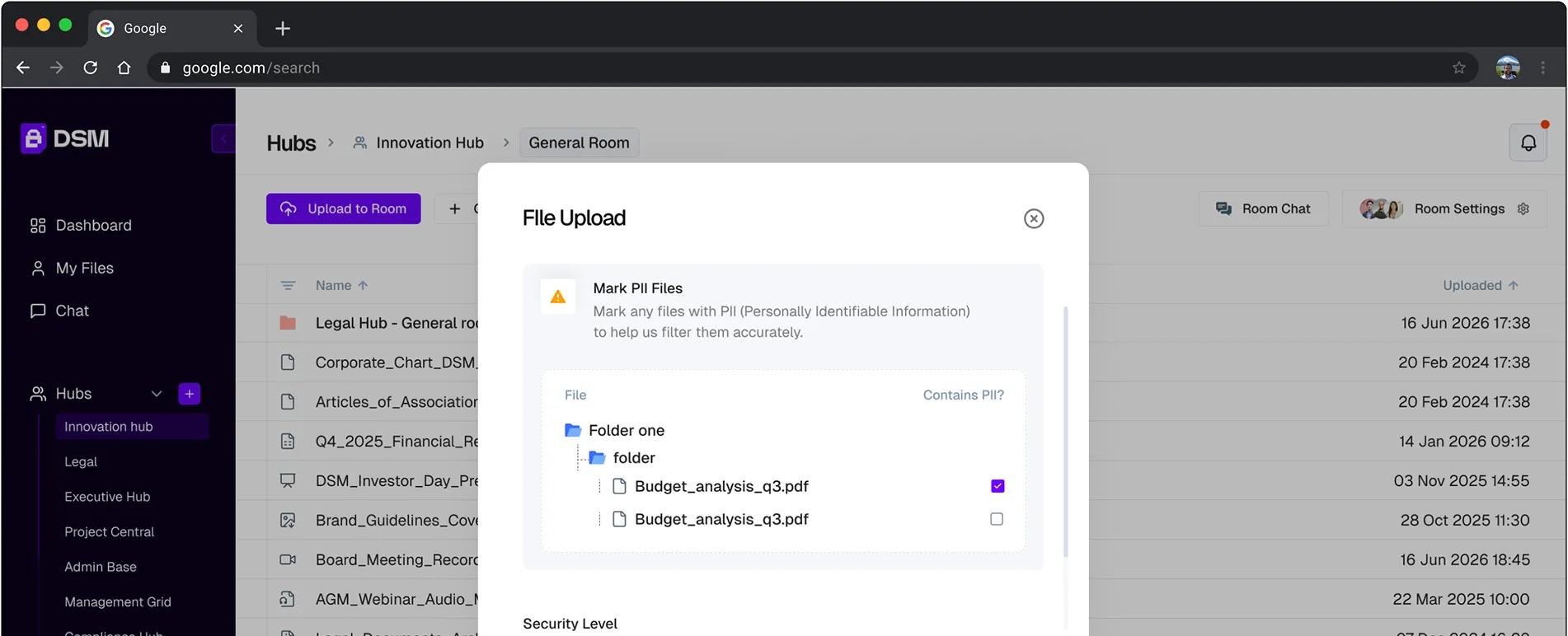 BinariiDSM app showing the files in a hub room