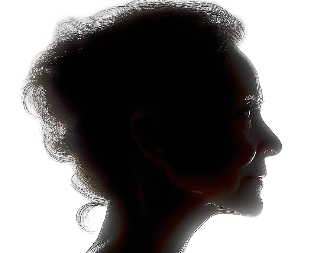 Side profile silhouette of an elderly woman with hair pulled back, highlighted by backlighting on a black background.