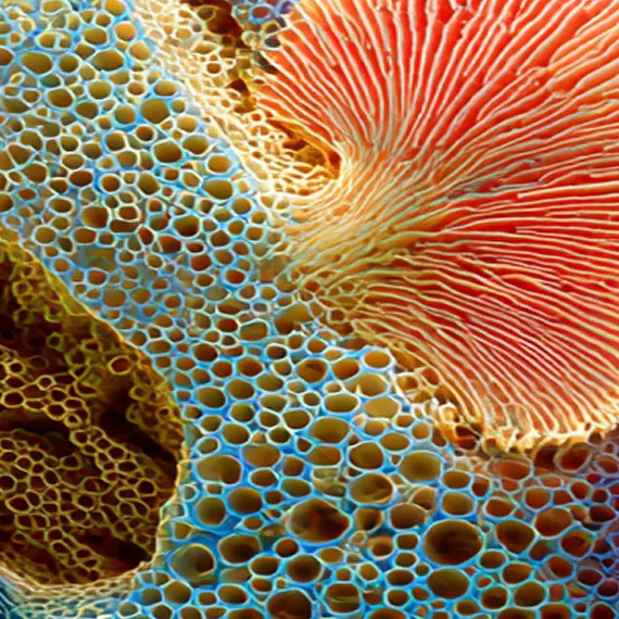 Close-up of a colorful coral reef showing intricate honeycomb-like blue and brown structures alongside a red and beige fan-shaped coral.