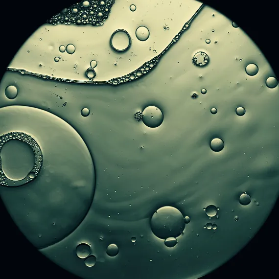 Close-up view of various sized oil droplets suspended in a liquid under a microscope.