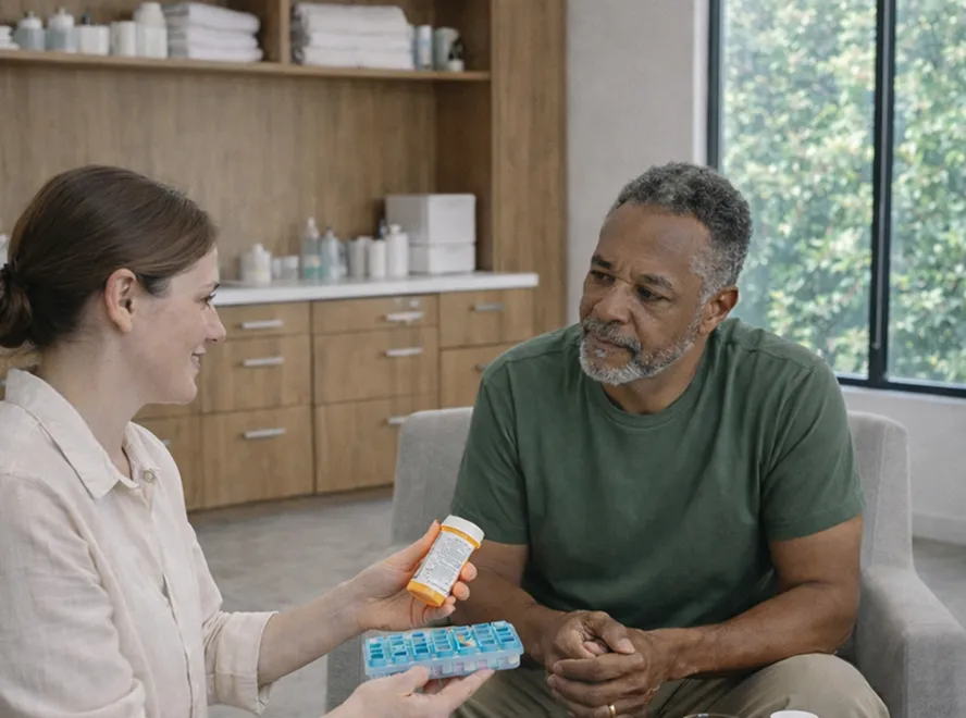 A woman explains medication instructions to a man while holding a pill bottle and a pill organizer in a modern living room.