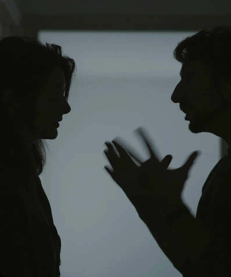 Silhouettes of a man and woman facing each other, the man gesturing with his hands as if arguing or explaining.
