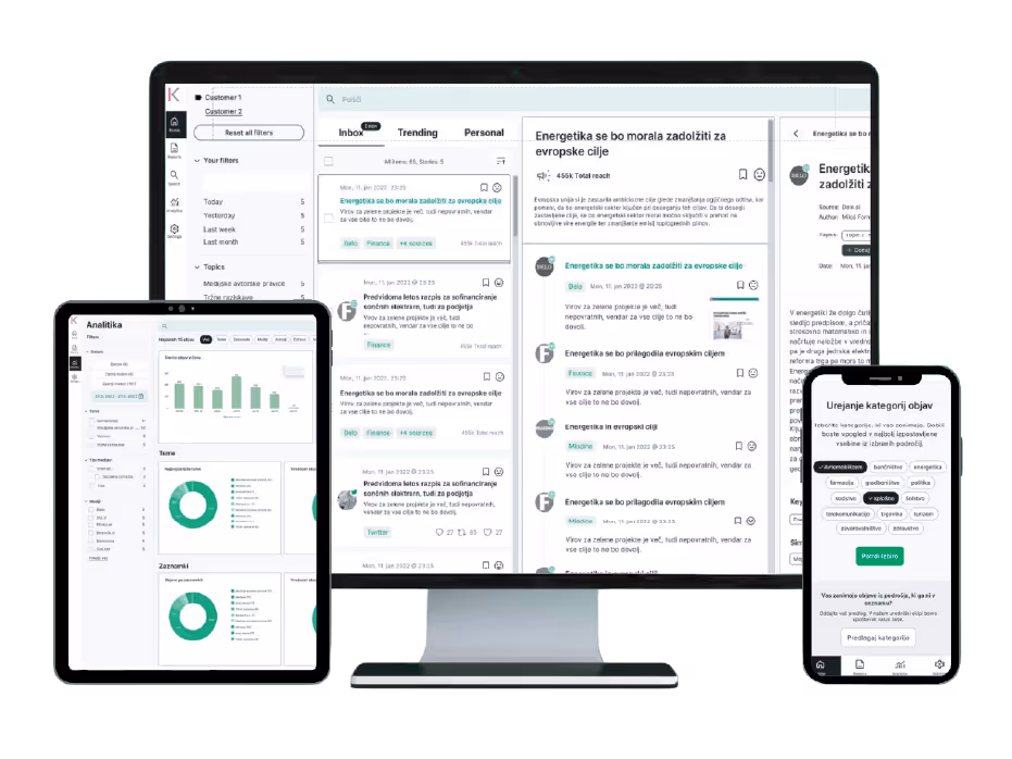 Prikaz platforme Servanta za spremljanje medijev, prikazan na računalniku, tablici in mobilnem telefonu