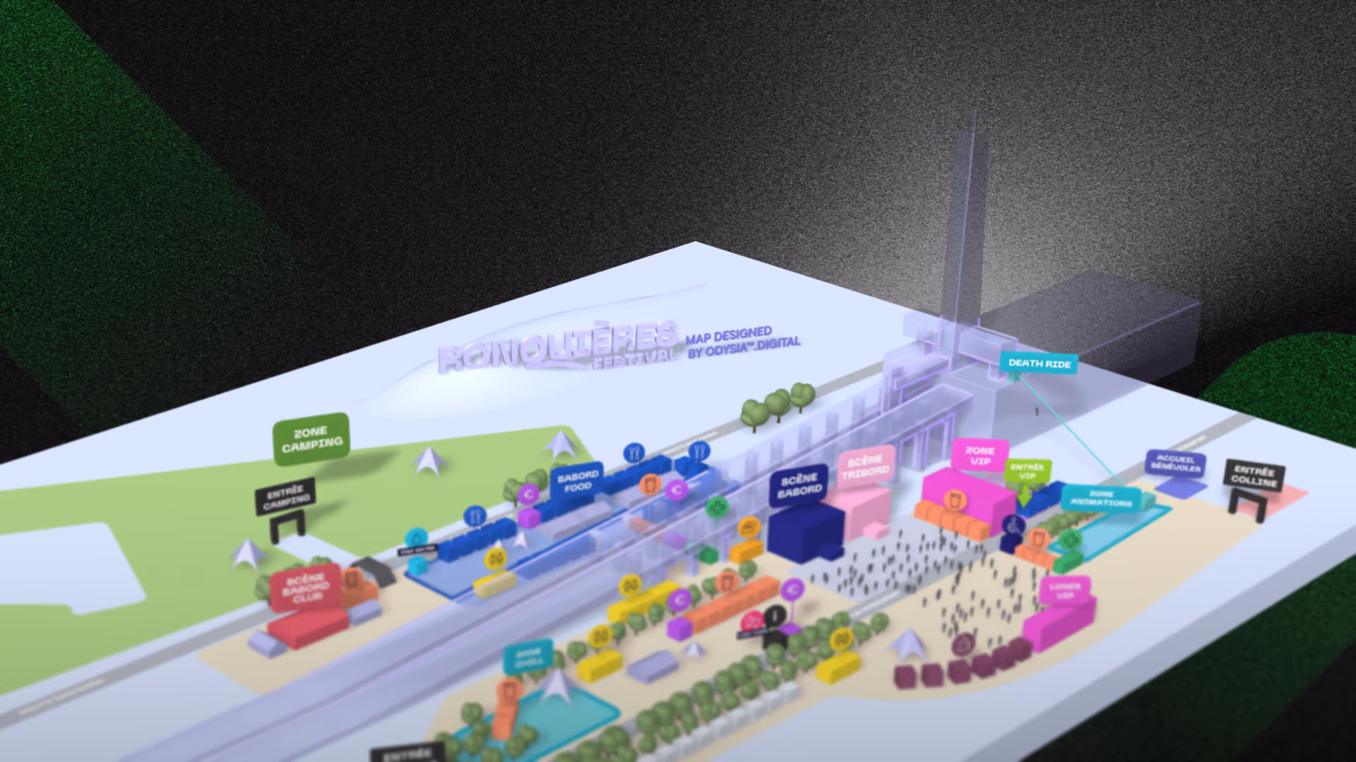 Carte interactive 3D du Ronquières Festival réalisée par Odysia avec Spline